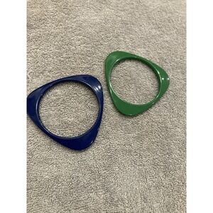Vintage Mod Lucite Plastic Bangles Blue Green Asymmetrical Sculptural Bracelets